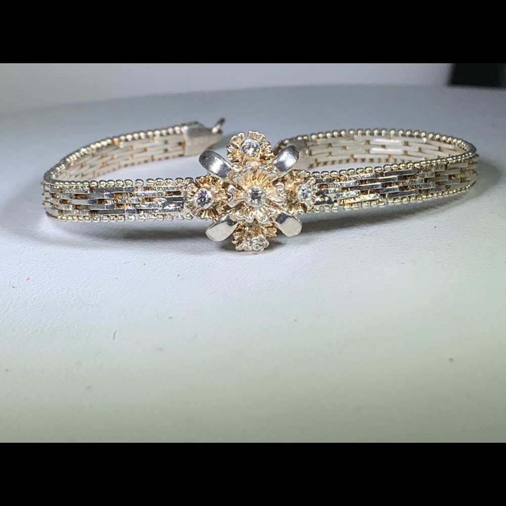 Sterling Silver Bracelet Italy White Topaz Flower